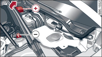 Engine compartment: Terminals for jump leads and battery charger